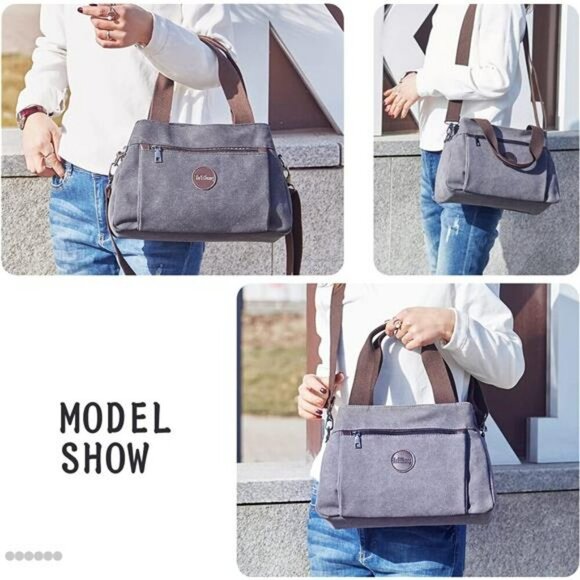 Canvas Crossbody Shoulder Bag Multi Pocket Tote Purse for Women Work Travel - Picture 6 of 7